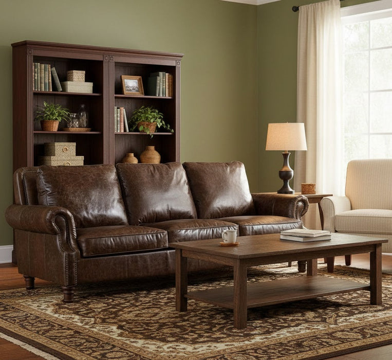 English Rolled Arm Sofa - Dark Brown Leather