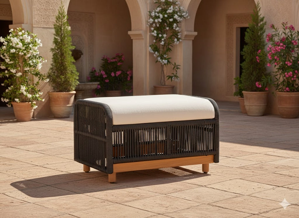 Alpine Teak Wood Outdoor Ottoman with Black - Rope Design