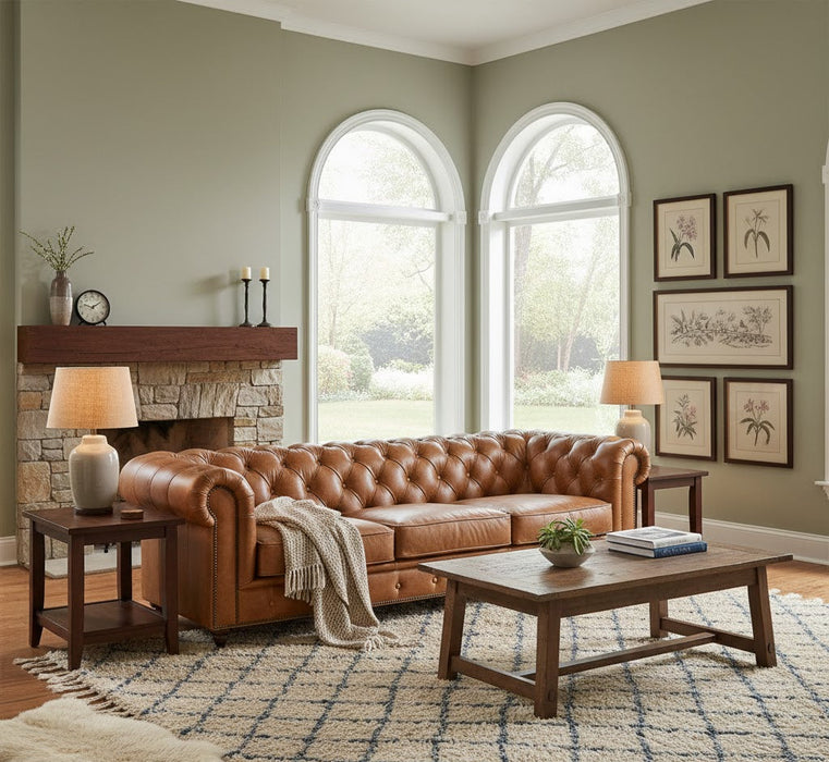 Century Chesterfield Love Seat - Light Chestnut Leather