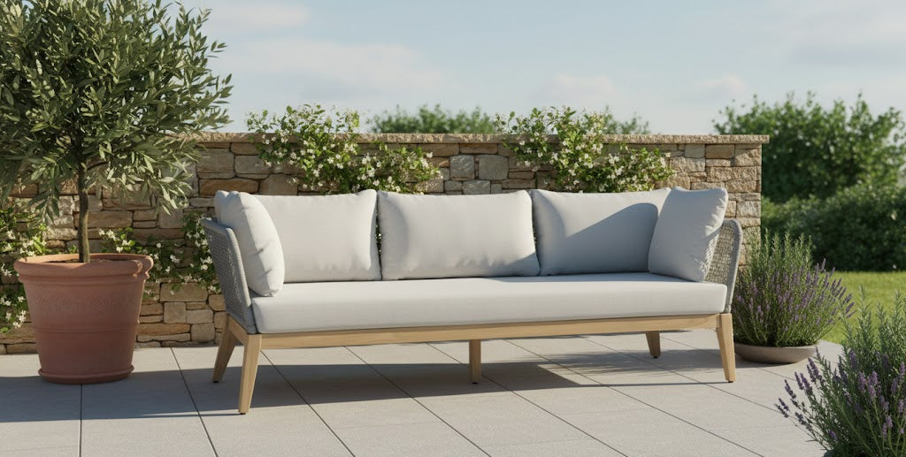 Cypress Teak Wood Sofa with Gray Color Rope Design