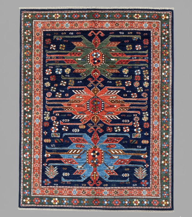 Hand-Knotted Vegetable Dye Kazak Rug from Pakistan, 5' x 6'7"