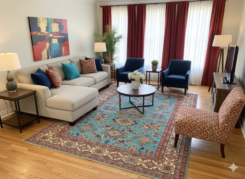 Hand-Knotted Vegetable Dye Kazak Rug from Pakistan, size 9" x 12"