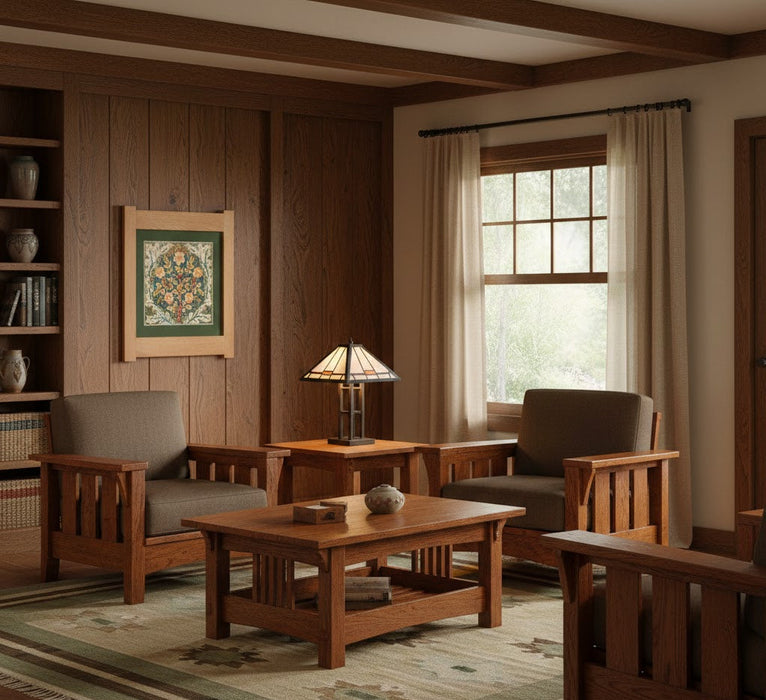 Arts & Crafts Mission Oak Framed Art with Floral Tree