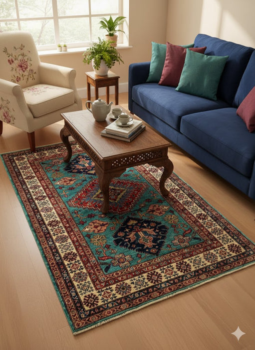 Hand-Knotted Vegetable Dye Kazak Rug from Pakistan, size 4" x 6"