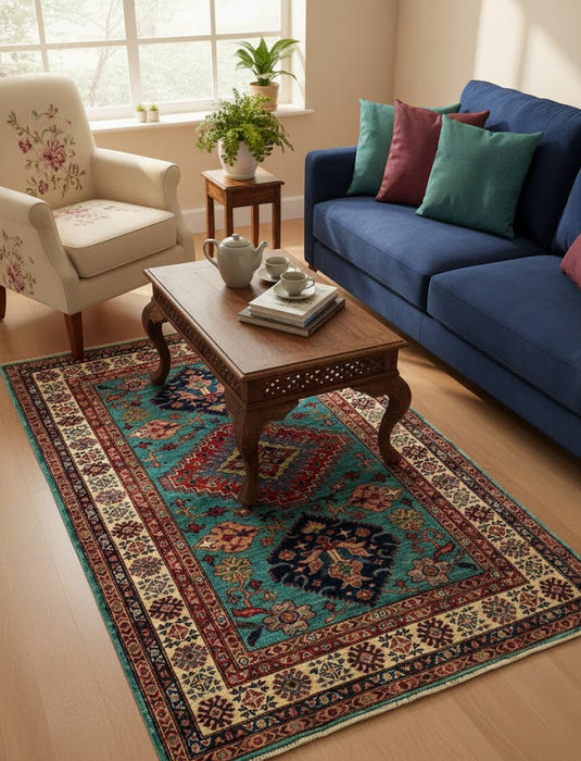 Hand-Knotted Vegetable Dye Kazak Rug from Pakistan, size 4" x 6"