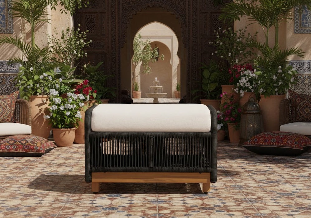 Alpine Teak Wood Outdoor Ottoman with Black - Rope Design