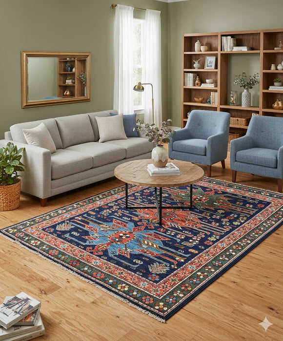 Hand-Knotted Vegetable Dye Kazak Rug from Pakistan, 5' x 6'7"