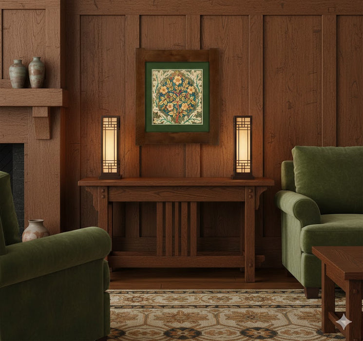 Arts & Crafts Mission Oak Framed Art with Floral Tree