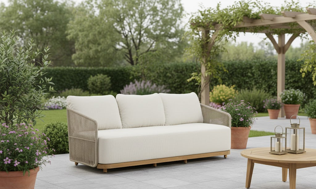 Alpine Teak Wood Outdoor Sofa with Biege Rope Design