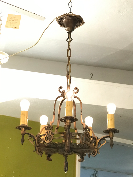 Antique Cast Bronze 1920's Arts and Crafts / Mission Style Chandelier - Crafters and Weavers