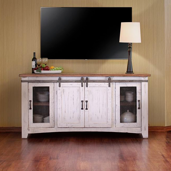 Greenview Sliding Door Distressed White TV Stand - 70 inch - Crafters and Weavers