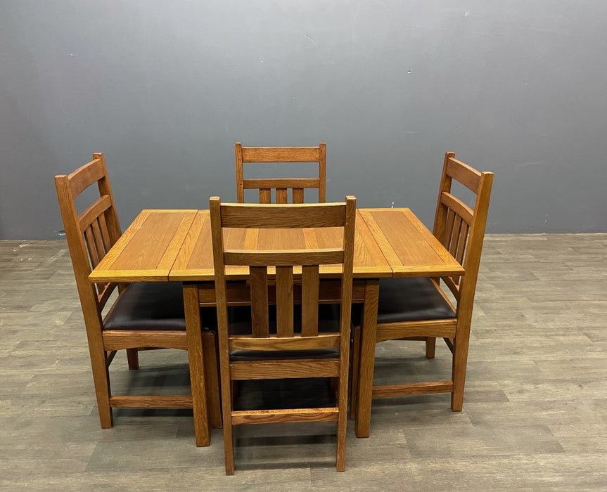Mission Oak Kitchen Table with 2 Leaves and 4 Oak Dining Chairs - Dark Brown