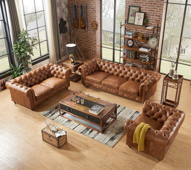 Contemporary Chesterfield Top Grain Natural Leather Tufted Sofa