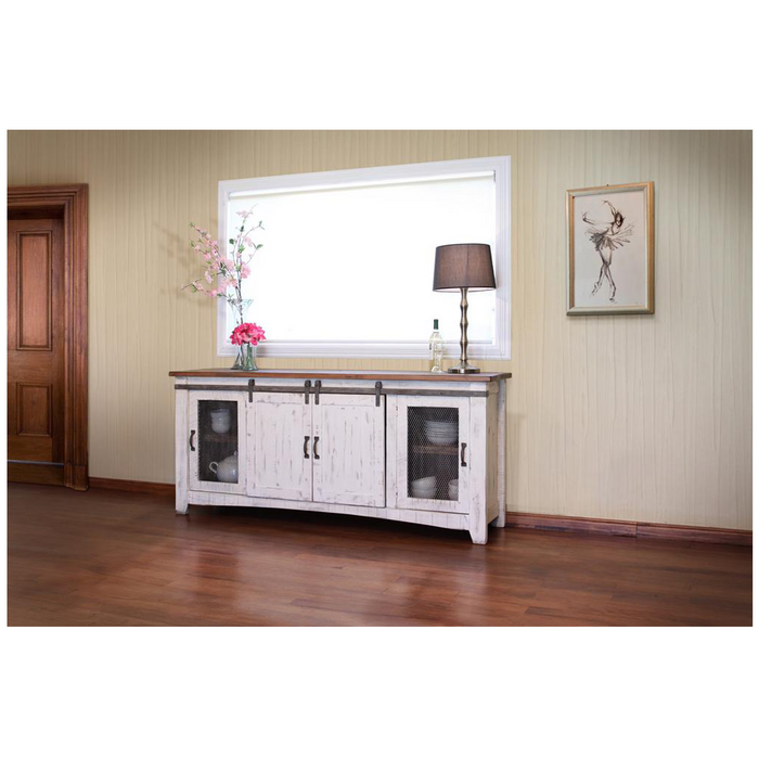 Greenview Sliding Door Distressed White TV Stand - 80" - Crafters and Weavers