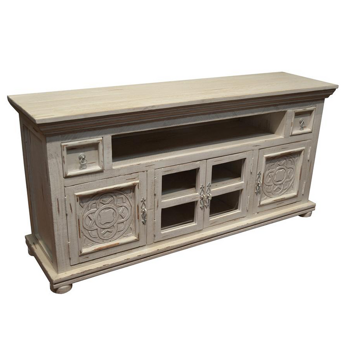 Keystone Carved 65 inch TV Stand - White - Crafters and Weavers
