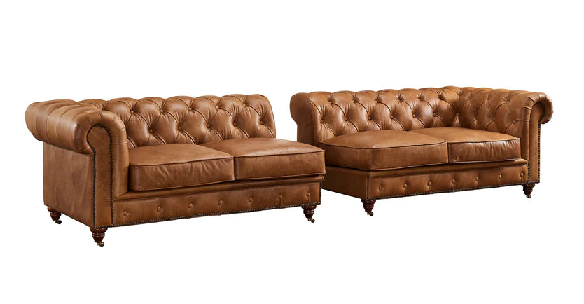 Century Chesterfield Sofa - Light Brown Leather - 118"