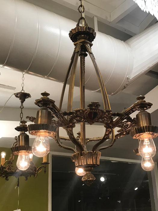 Antique Cast Bronze 1920's Arts and Crafts / Tudor Style Chandelier - Crafters and Weavers