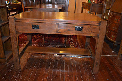 Mission Oak Library Table with 2 Drawers - Crafters and Weavers