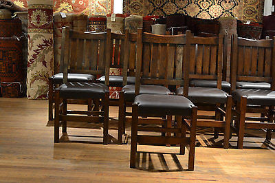 Set of 6 Arts and Crafts Mission Oak Dining Chairs with Genuine Leather Upholstery - Crafters and Weavers