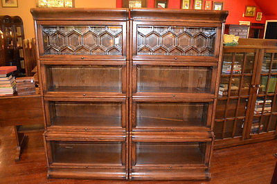 Pair of Mission Oak Barrister Bookcase with leaded glass 4 stack high - Crafters and Weavers