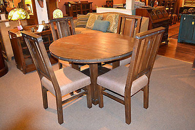 Rustic Distressed Reclaimed Solid Wood Round Dining Table and set of 4 Dining Ch - Crafters and Weavers