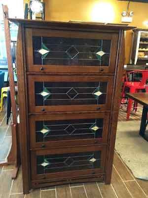 Arts and Crafts Mission Quarter Sawn White Oak Barrister Bookcase Leaded Glass - Crafters and Weavers