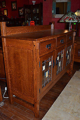 CLOSED Mission Oak Sideboard With Geometric Pattern Leaded Glass - 54" - Crafters and Weavers