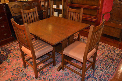 Mission Oak Drop leaf Dining Table with 4 oak chairs - Crafters and Weavers