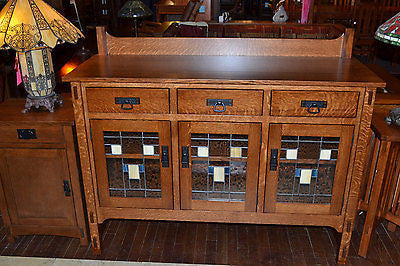 CLOSED Mission Oak Sideboard With Geometric Pattern Leaded Glass - 54" - Crafters and Weavers