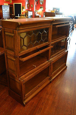CLOSED Pair of Mission Oak Barrister Bookcase with leaded glass 3 stack high - Crafters and Weavers