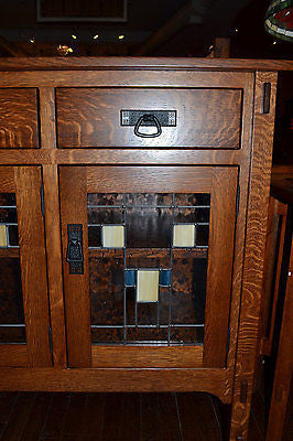 CLOSED Mission Oak Sideboard With Geometric Pattern Leaded Glass - 54" - Crafters and Weavers