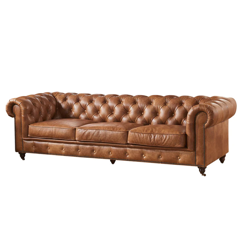 Tan leather cheap tufted sofa