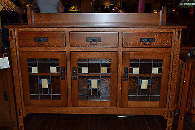 CLOSED Mission Oak Sideboard With Geometric Pattern Leaded Glass - 54" - Crafters and Weavers