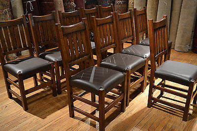 Set of 6 Arts and Crafts Mission Oak Dining Chairs with Genuine Leather Upholstery - Crafters and Weavers