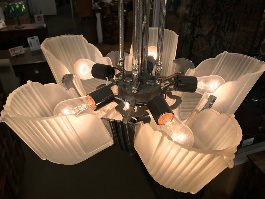 Vintage Art Deco 1930's Streamline "Ambassador" 7 Light Slip Shade Chandelier - Crafters and Weavers