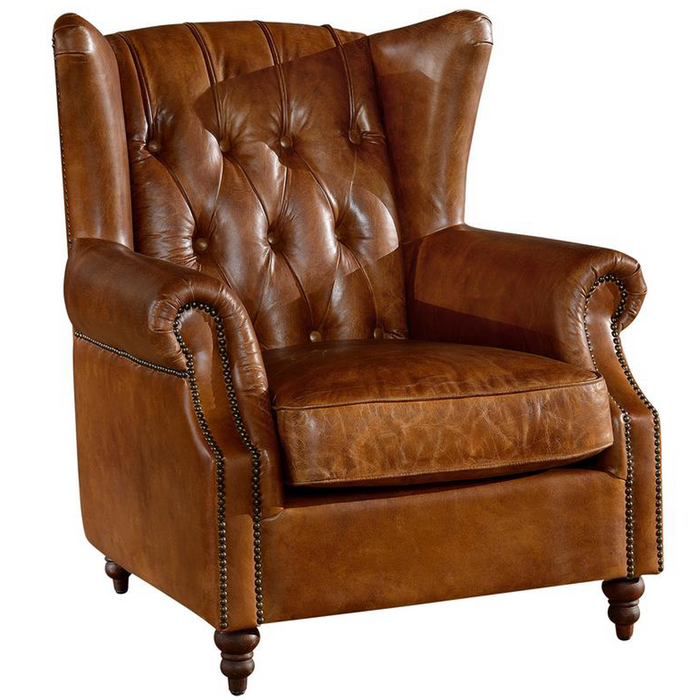 SOLD OUT Tufted English Rolled Arm Wing Chair - Light Brown Leather - Crafters and Weavers