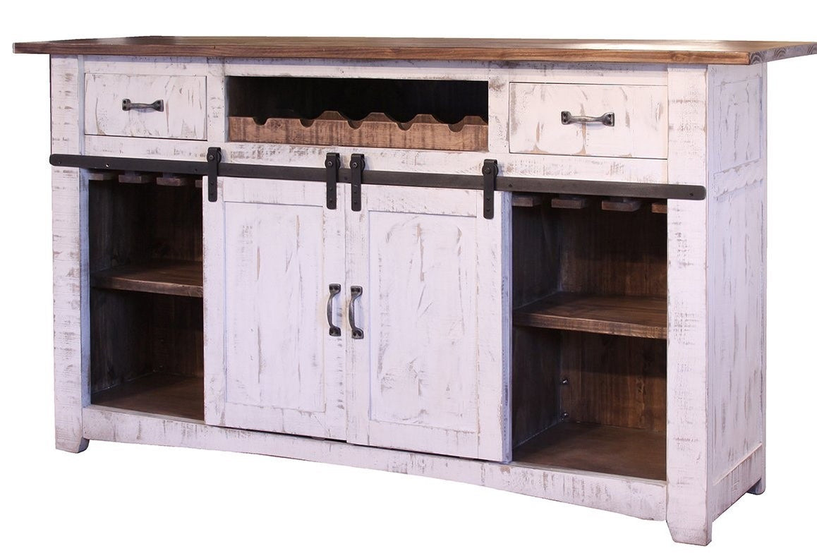 Rustic Distressed Barndoor Solid Wood White Bar Counter Liquor Cabinet ...