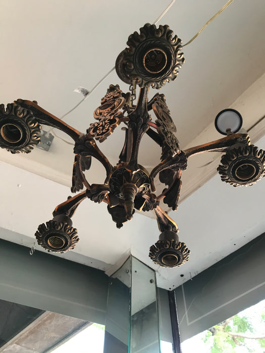 Antique 1920's Cast Bronze Arts and Crafts / Mission Style Chandelier - Crafters and Weavers