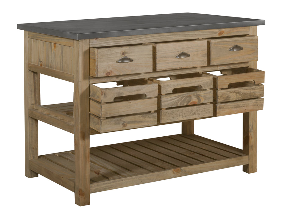 Barlow Crate Kitchen Island - Rustic Pine and Zinc Top - Crafters and Weavers