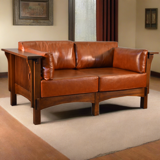Arts and Crafts / Craftsman Crofter Style Love Seat - Russet Brown Leather (RB1) - Crafters and Weavers