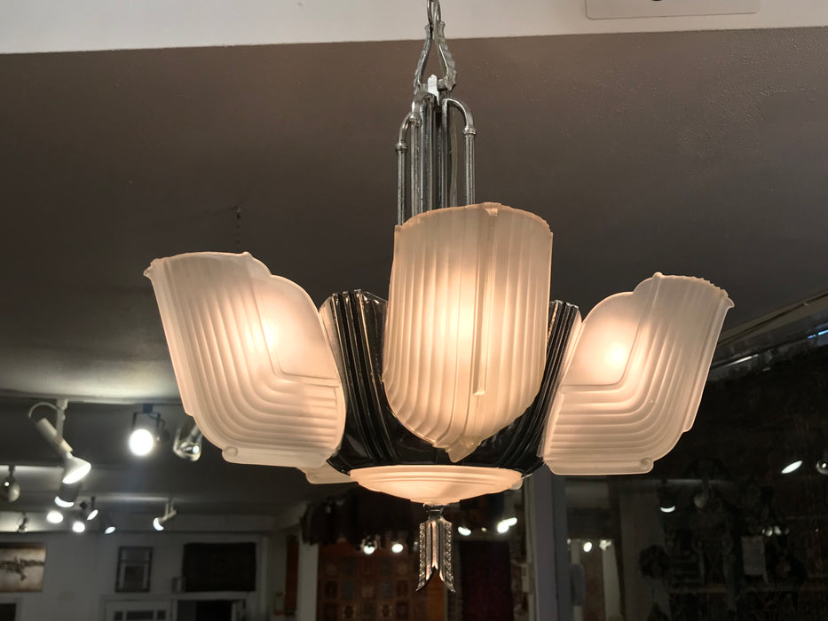 Vintage Art Deco 1930's Streamline "Ambassador" 7 Light Slip Shade Chandelier - Crafters and Weavers