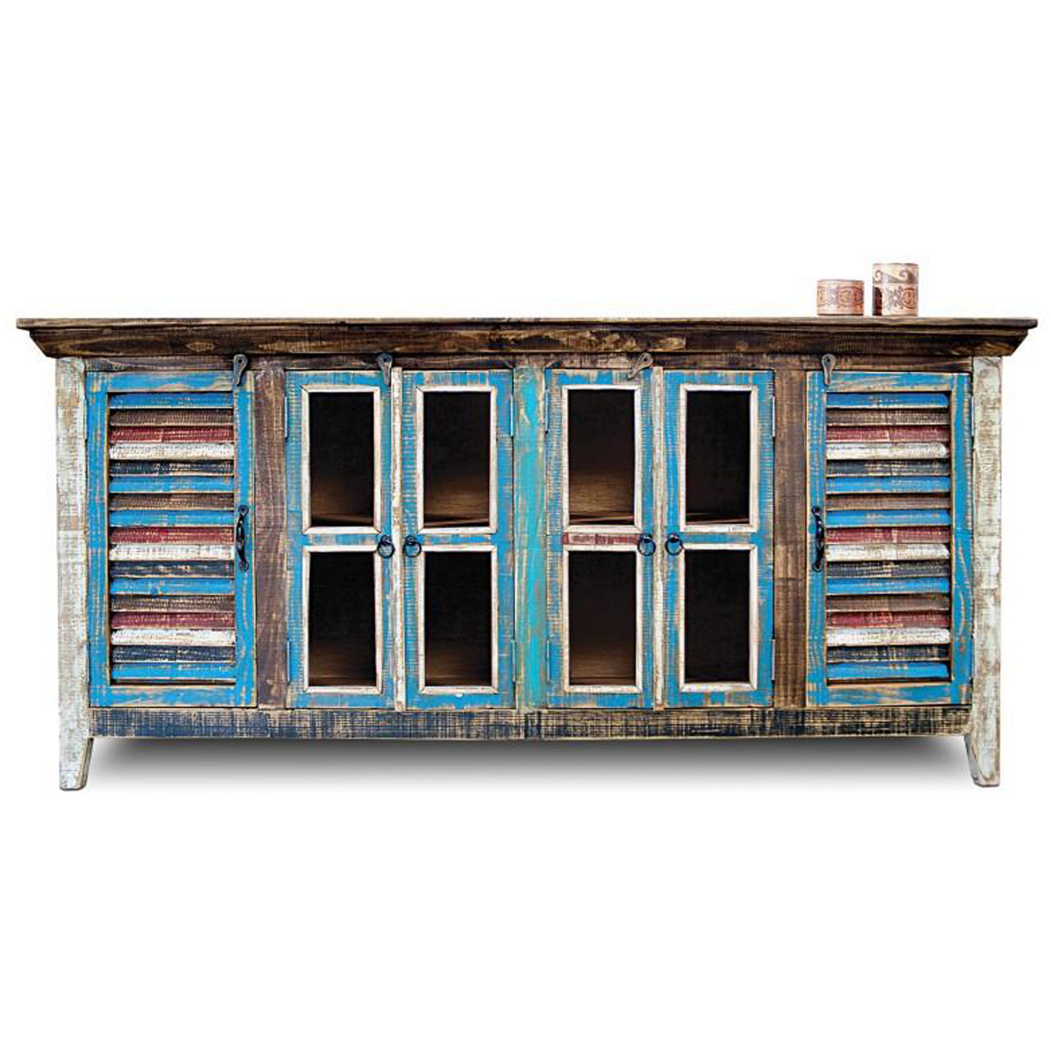 Solid Pine Wood Reclaimed Style Bright Multicolor Distressed Sideboard ...