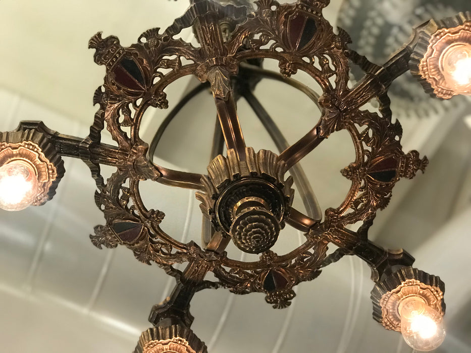 Antique Cast Bronze 1920's Arts and Crafts / Tudor Style Chandelier - Crafters and Weavers