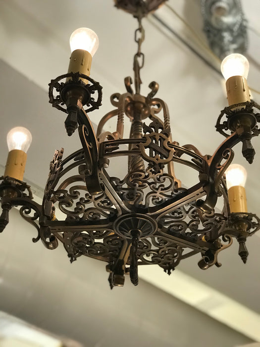 Antique Cast Bronze 1920's Arts and Crafts / Mission Style Chandelier - Crafters and Weavers