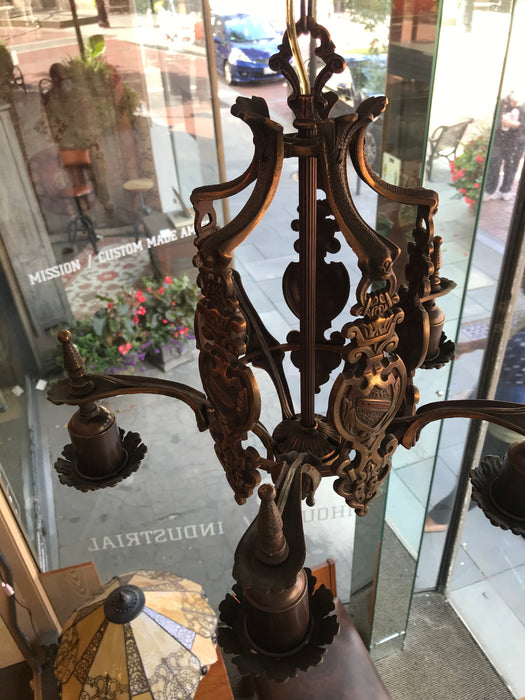 Antique 1920's Cast Bronze Arts and Crafts / Mission Style Chandelier - Crafters and Weavers