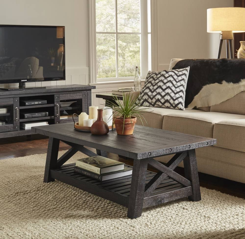 Distressed Rustic Modern Black Solid Pine Wood Cross Bar Coffee Table ...