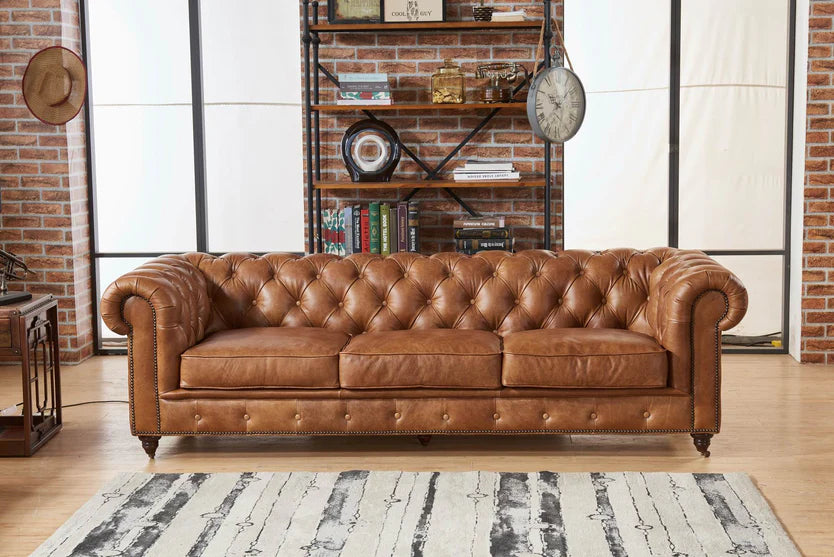 Tufted cognac leather online sofa