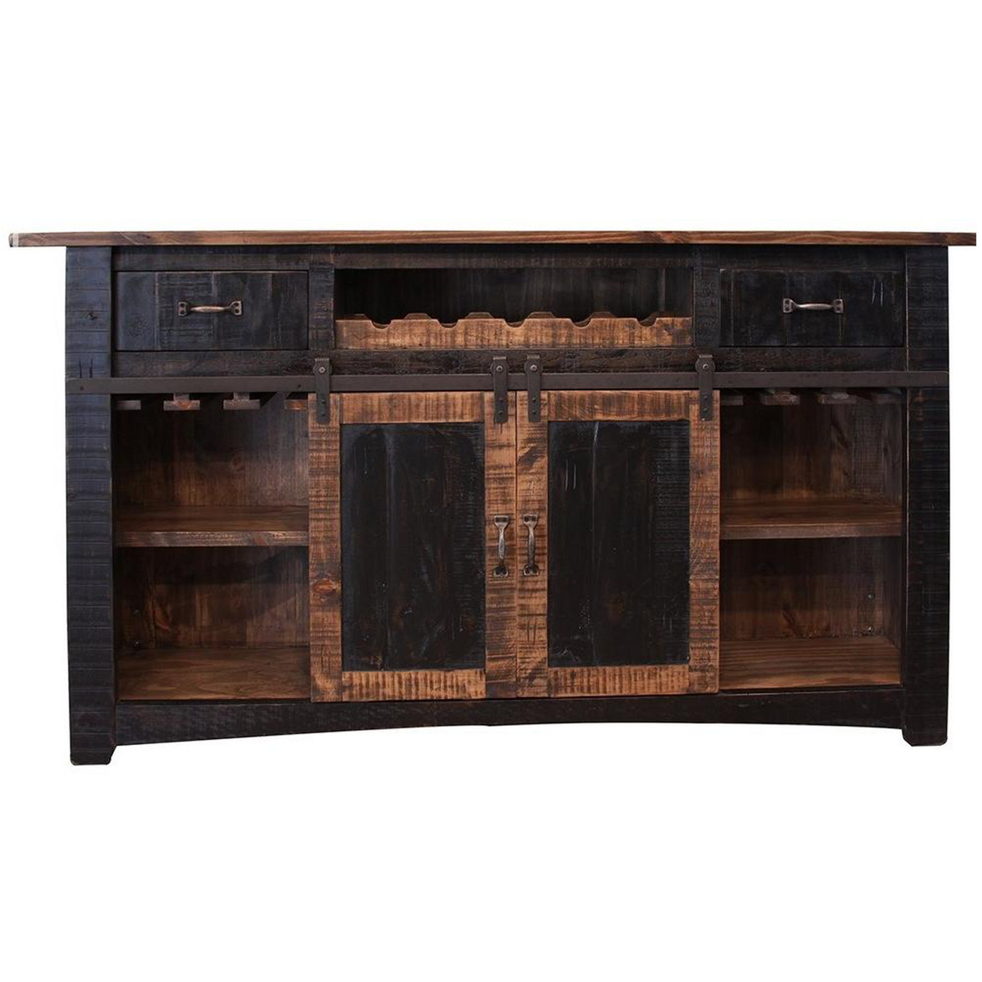 Rustic Distressed Wood Black Barndoor Bar Counter Liquor Cabinet ...