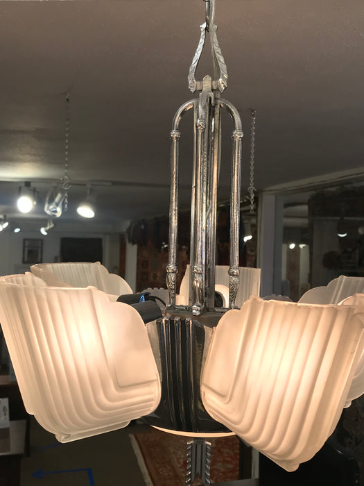 Vintage Art Deco 1930's Streamline "Ambassador" 7 Light Slip Shade Chandelier - Crafters and Weavers