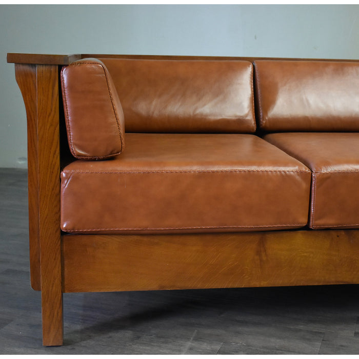 Arts and Crafts / Craftsman Cubic Panel Side Sofa - Russet Brown Leather (RB2) - Crafters and Weavers